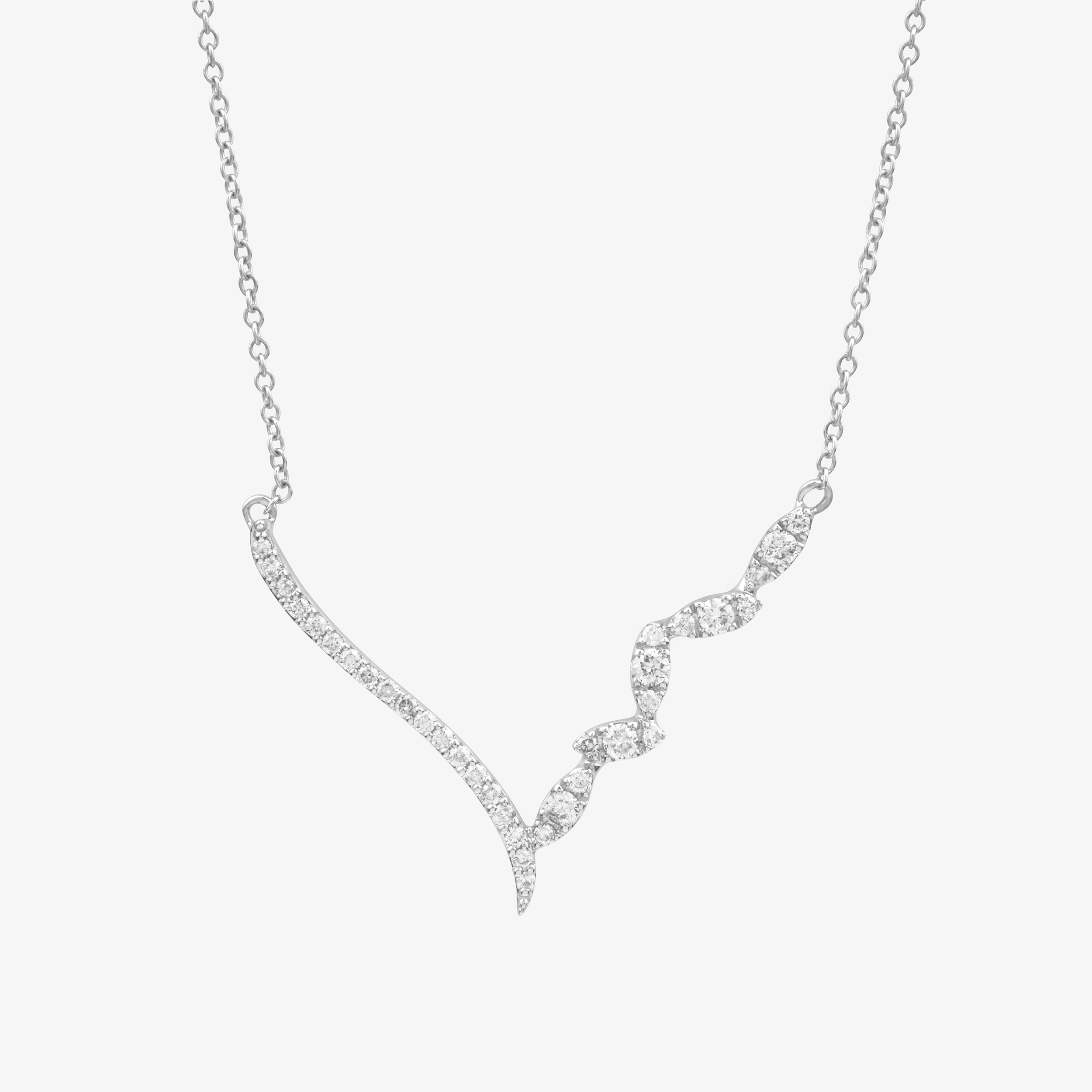 Curved V Necklace In 18K Solid White Gold With Diamonds