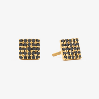 Square Stud Earrings In 14K Solid Yellow Gold With Black Diamonds