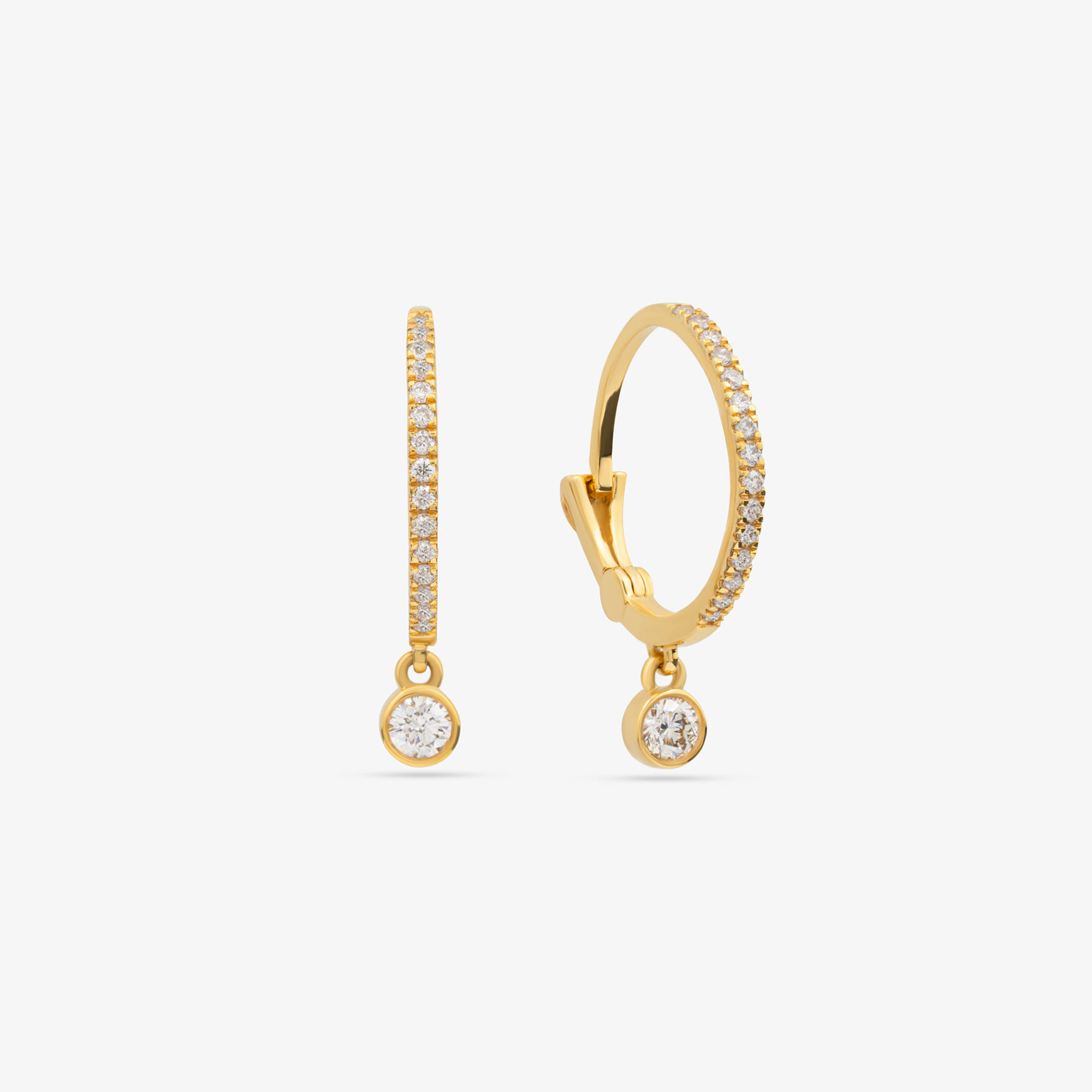 Drop Huggie Earrings In 14K Solid Yellow Gold With Diamonds
