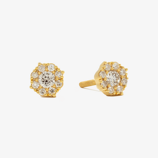 Cluster Stud Earrings In 14K Solid Yellow Gold With Diamonds