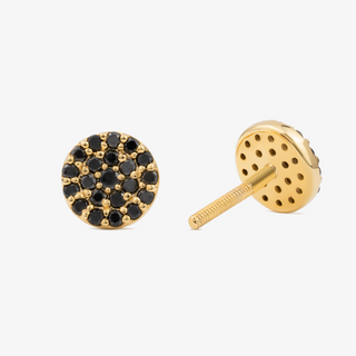Round Stud Earrings In 14K Solid Yellow Gold With Black Diamonds